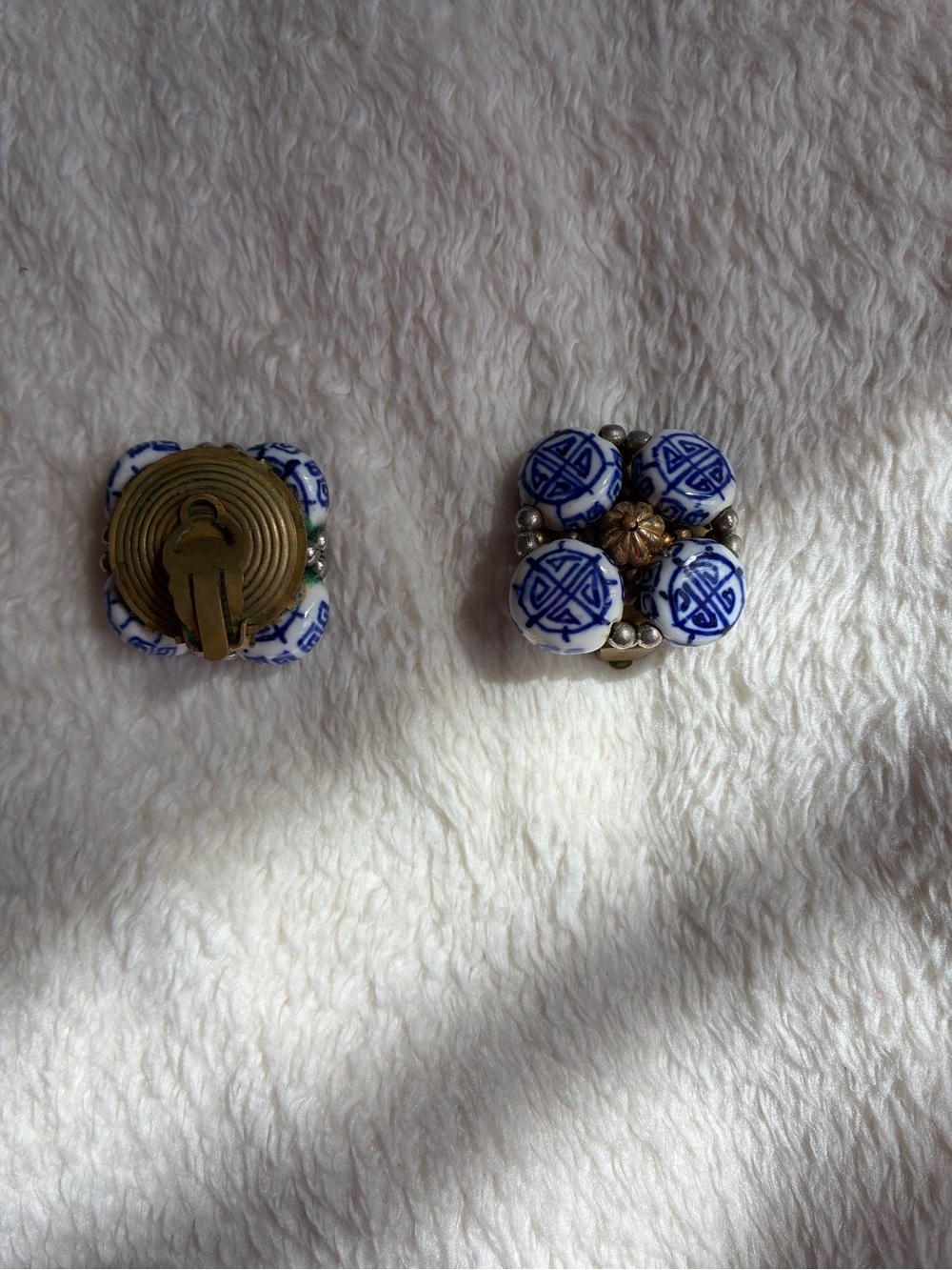 Vintage Blue and White Porcelain Floral Clip-On Earrings